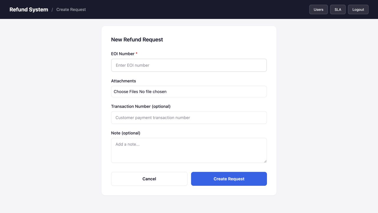 New refund request entry form